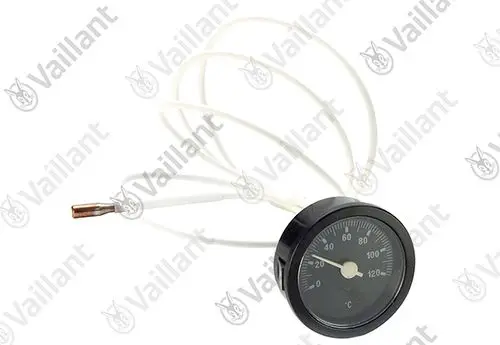 Vaillant Thermometer mit einem Zifferblatt zur Messung der Temperatur, verbunden mit einem Sensor durch weiße Kabel.